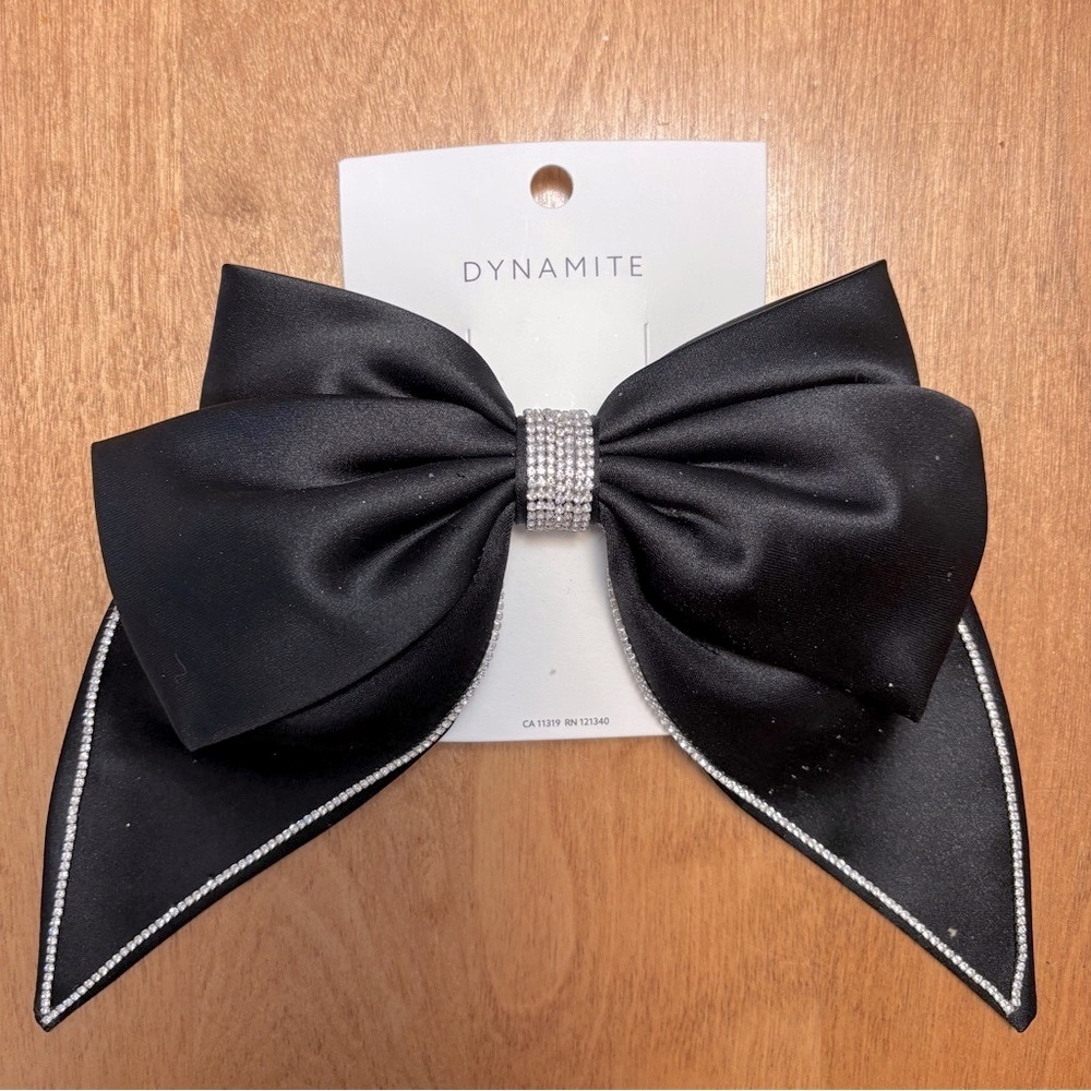 Dynamite Black Hair Bow Clip with Rhinestone Accents